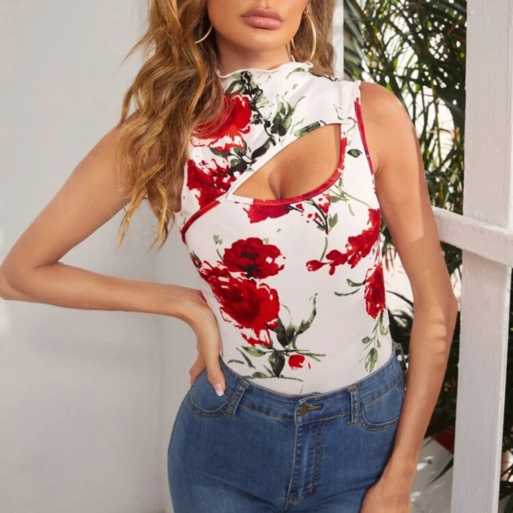 Floral Print Cutout Detail Tank Top